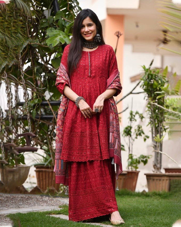 RED RAYON SHARARA WITH NAZNEEN DUPATTA