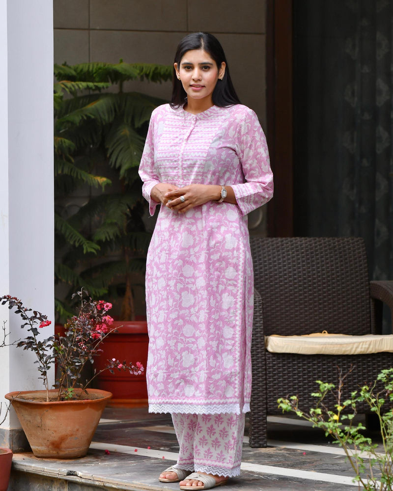 PURPLE HANDBLOCK COTTON KURTA SET