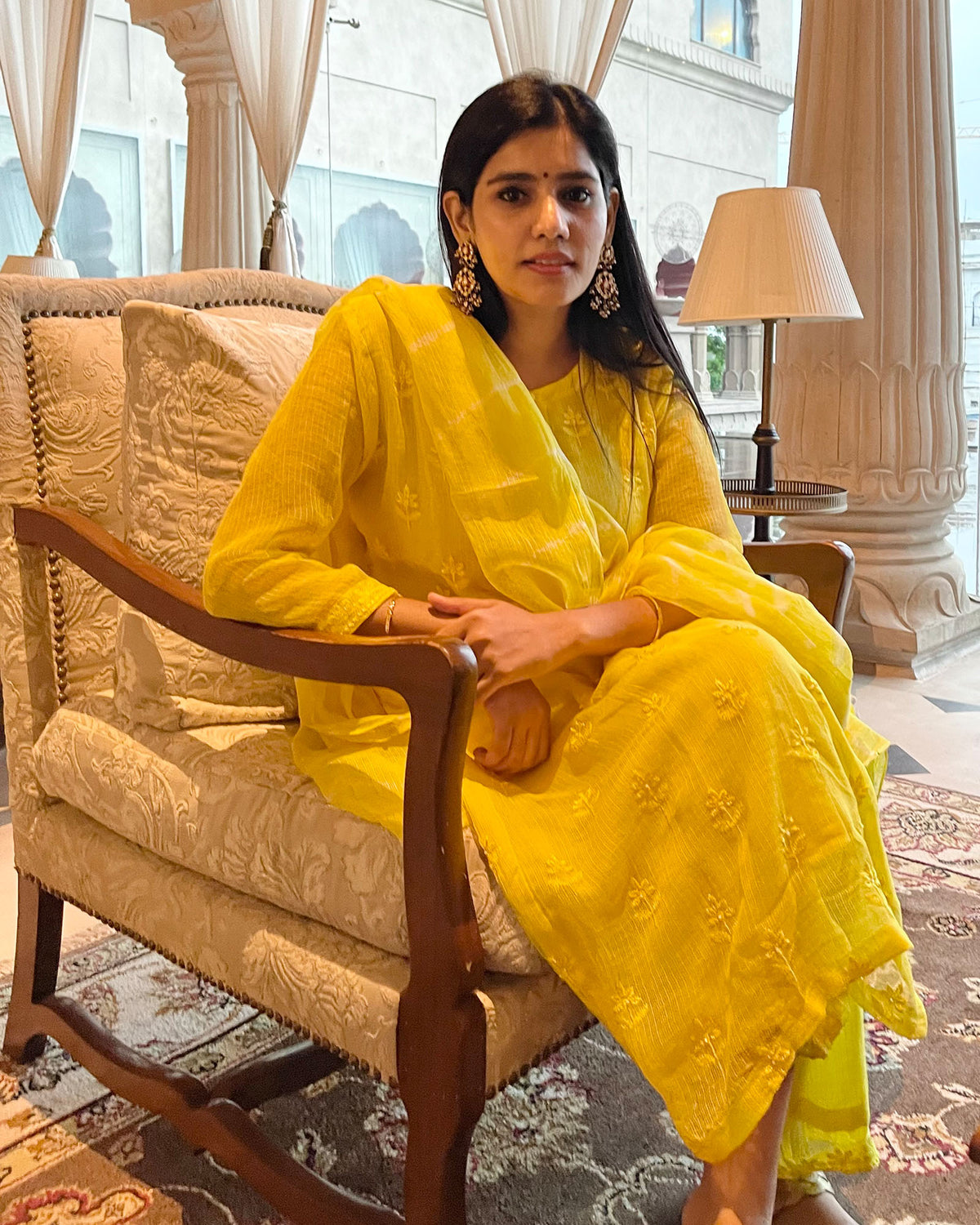 YELLOW KOTA DORIA SUIT SET WITH EMBROIDERY