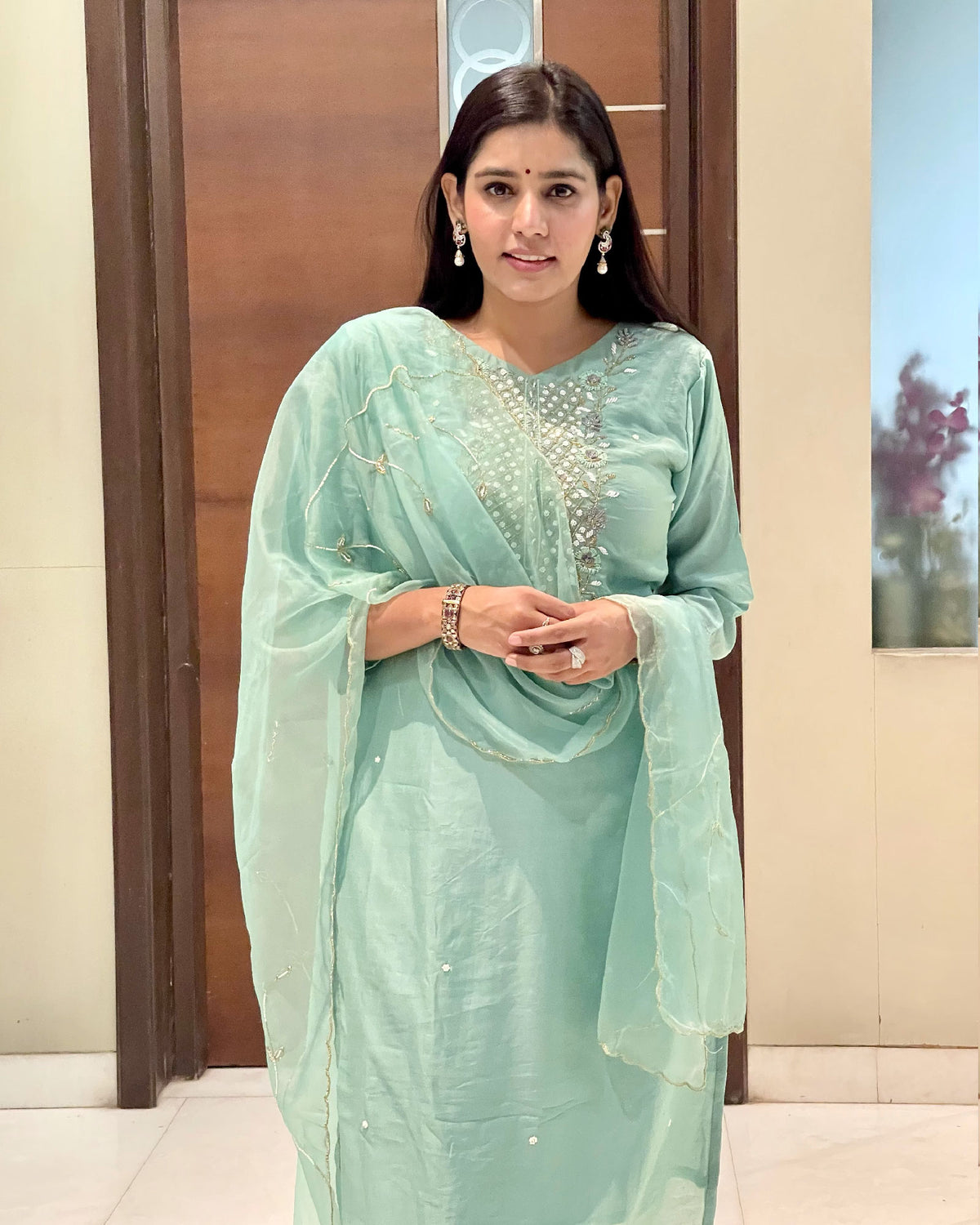 SEA GREEN MUSLIN SUIT SET WITH HANDWORK