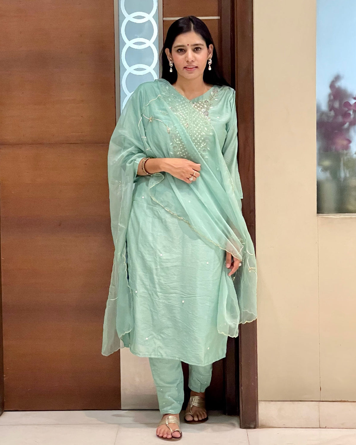 SEA GREEN MUSLIN SUIT SET WITH HANDWORK