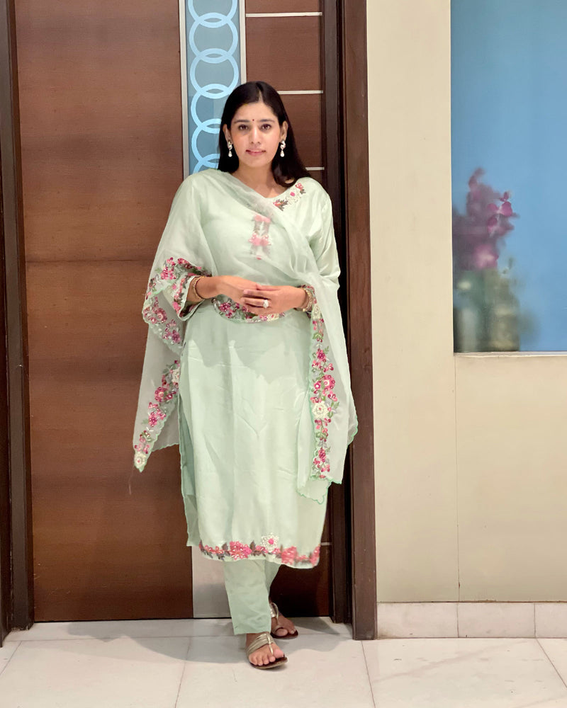 MINT GREEN MUSLIN SUIT SET WITH HANDWORK