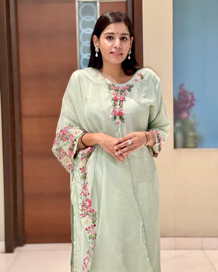 MINT GREEN MUSLIN SUIT SET WITH HANDWORK