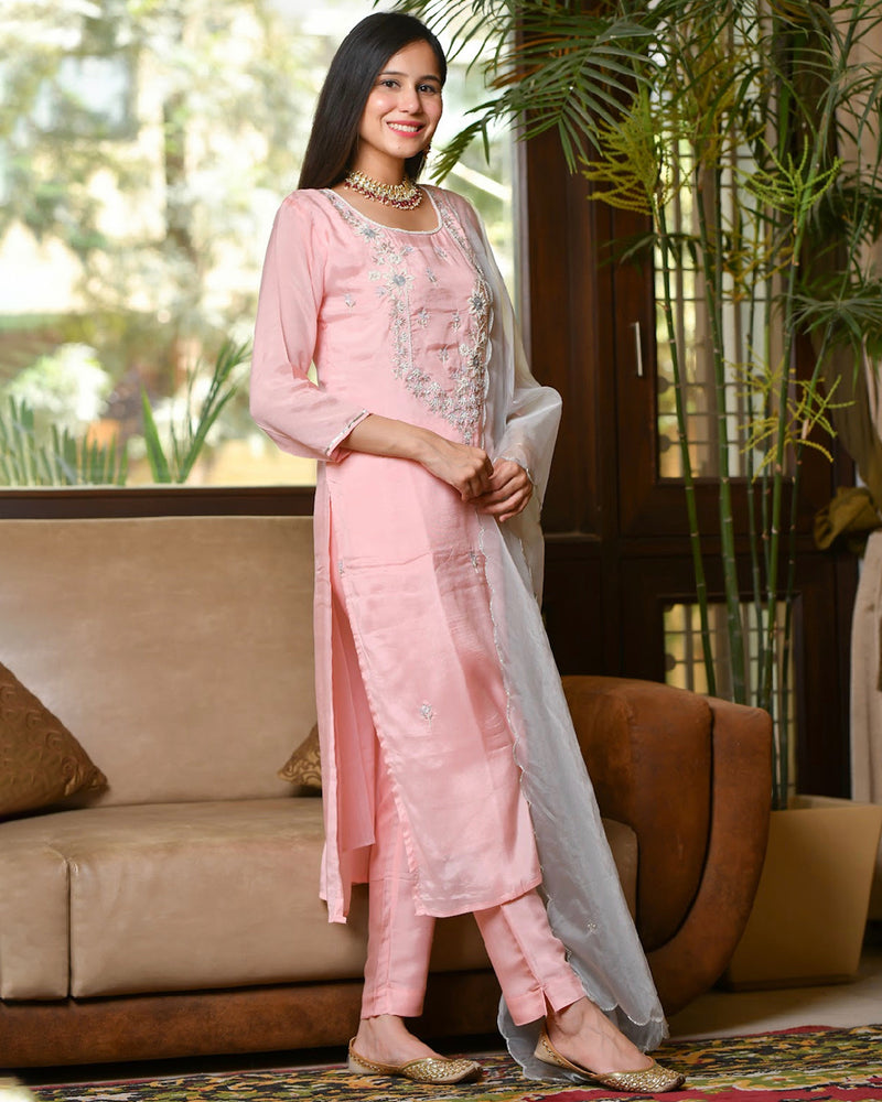 ROSE PINK MUSLIN SUIT SET WITH HANDWORK