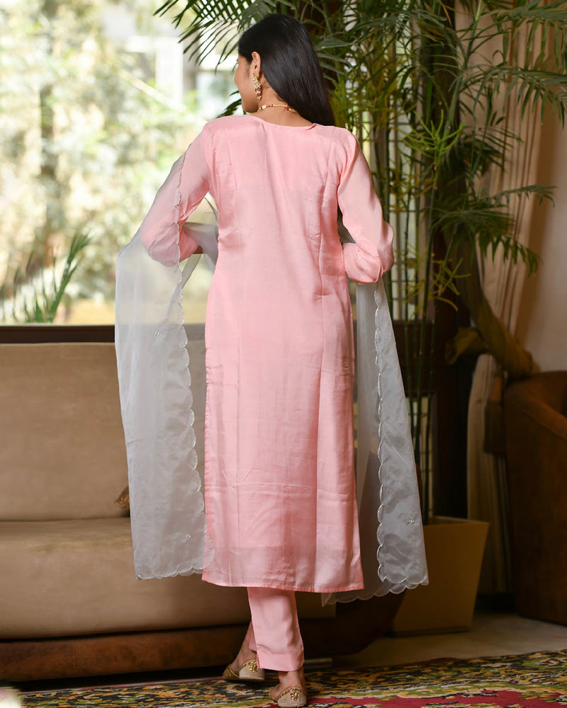 ROSE PINK MUSLIN SUIT SET WITH HANDWORK