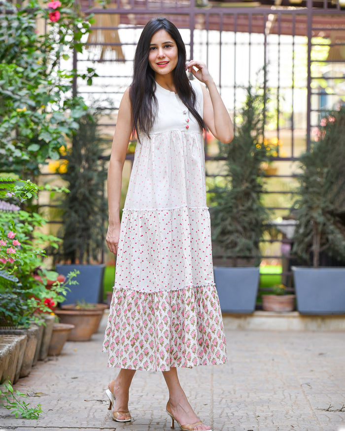 WHITE HANDBLOCK COTTON DRESS