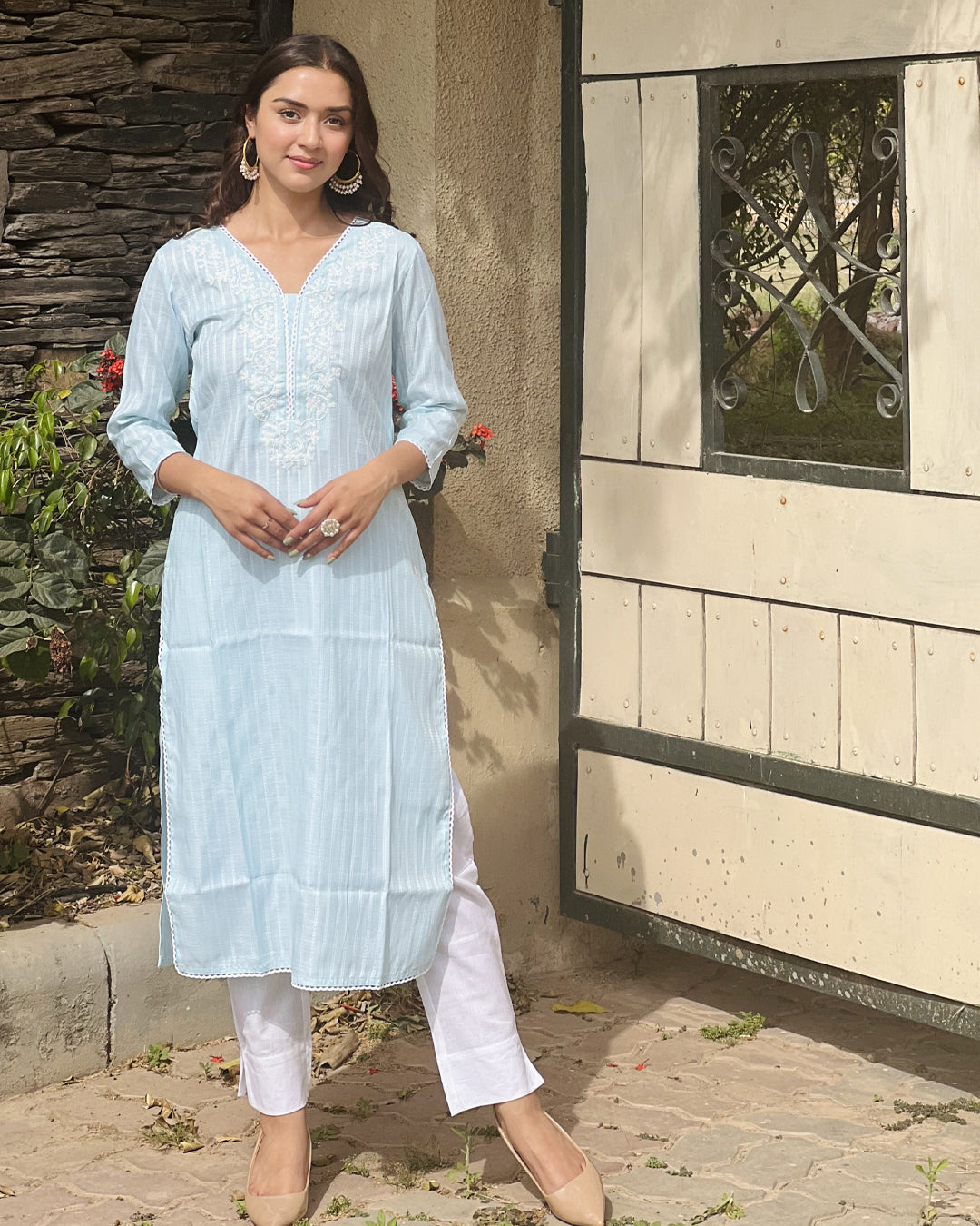 BABY BLUE COTTON KURTA WITH EMBROIDERY