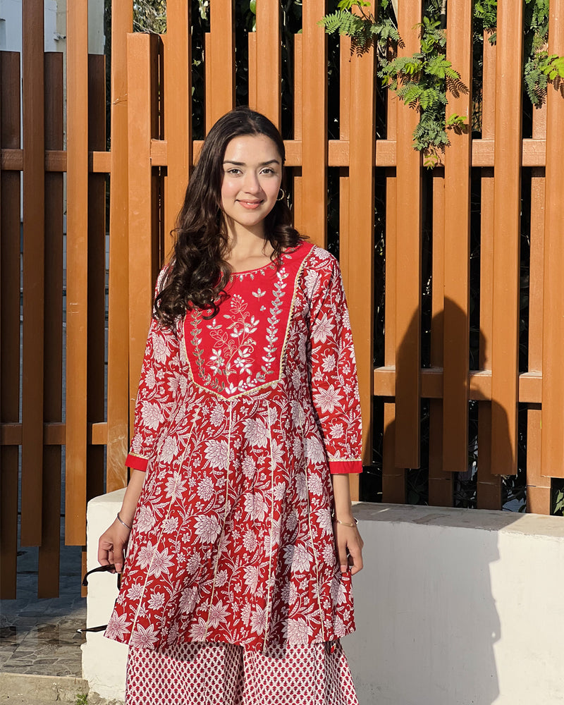 RED & WHITE COTTON PALAZZO SET