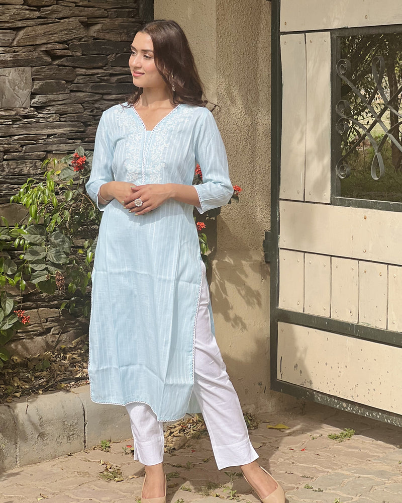 BABY BLUE COTTON KURTA WITH EMBROIDERY