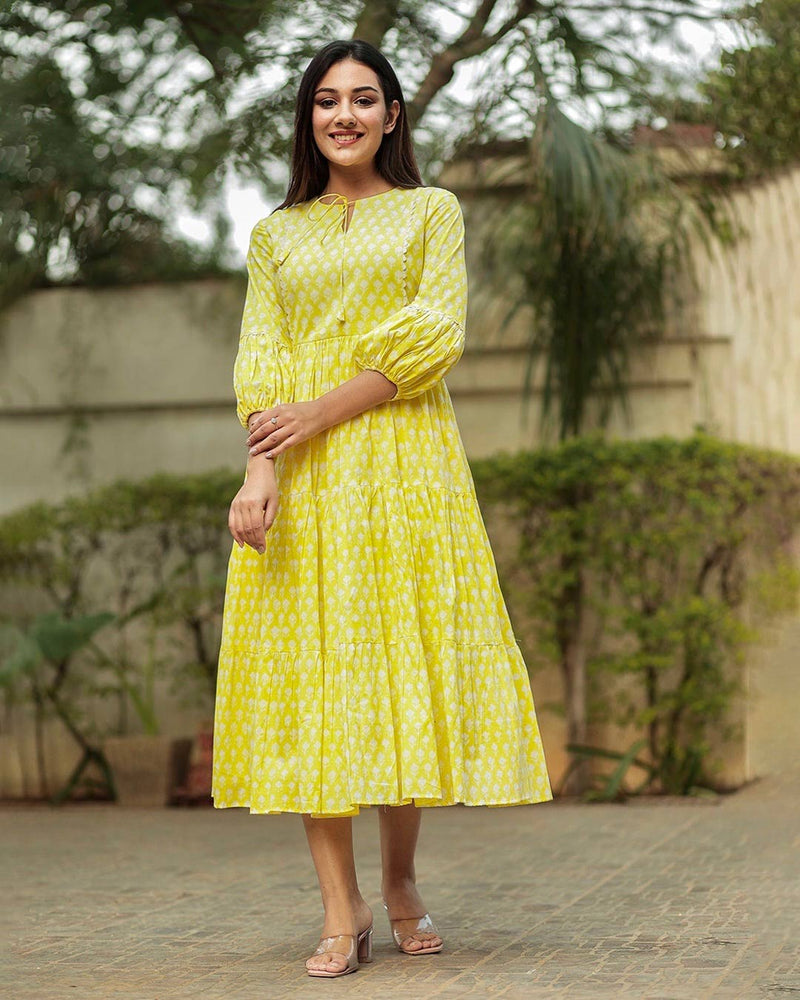 YELLOW PUFF SLEEVE COTTON HANDBLOCK DRESS