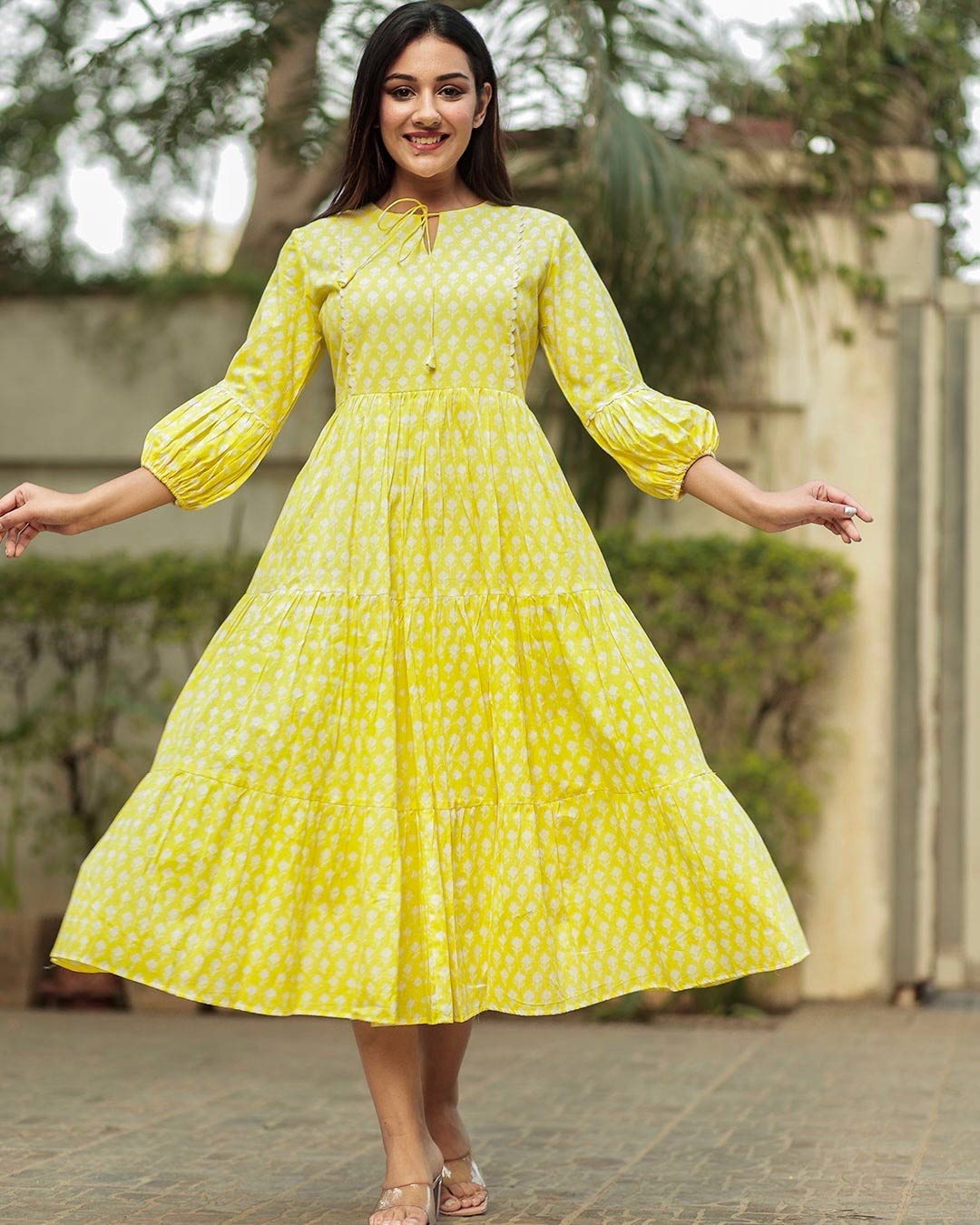 YELLOW PUFF SLEEVE COTTON HANDBLOCK DRESS – Gulabi Dori