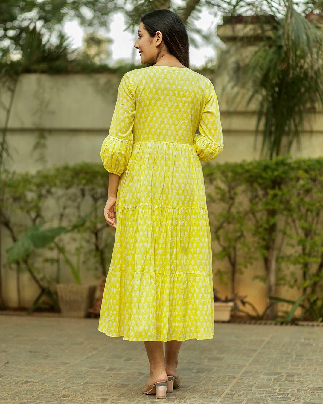 YELLOW PUFF SLEEVE COTTON HANDBLOCK DRESS