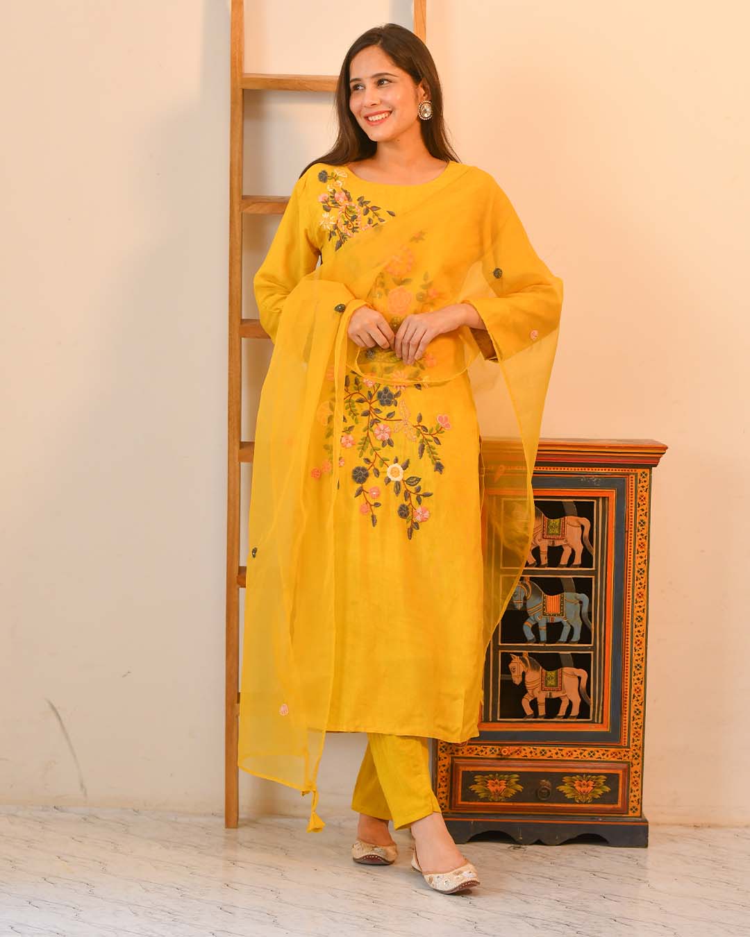 YELLOW MUSLIN SUIT SET WITH ORGANZA DUPATTA