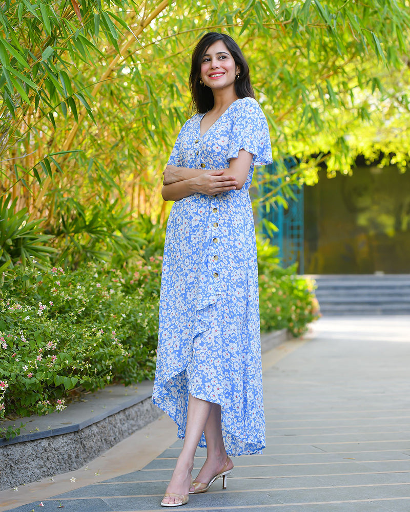 BLUE ASSYMETRIC RAYON DRESS