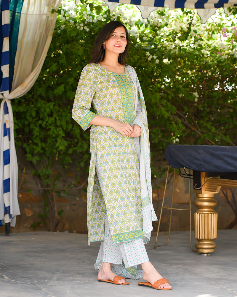 GREEN & WHITE COTTON SUIT SET