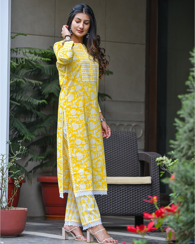 YELLOW & WHITE COTTON HANDBLOCK KURTA SET