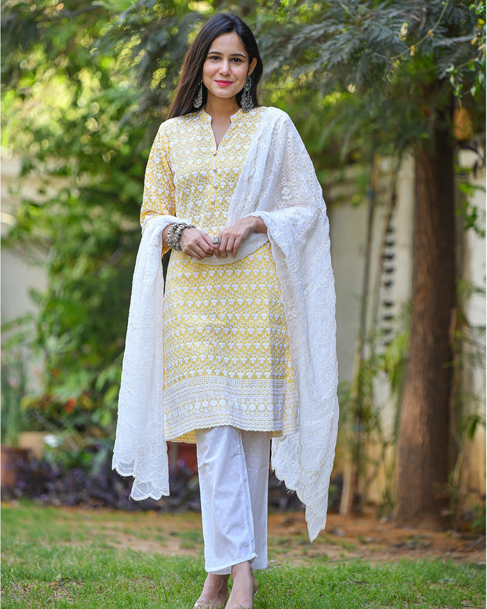 YELLOW CHIKANKARI COTTON SUIT SET