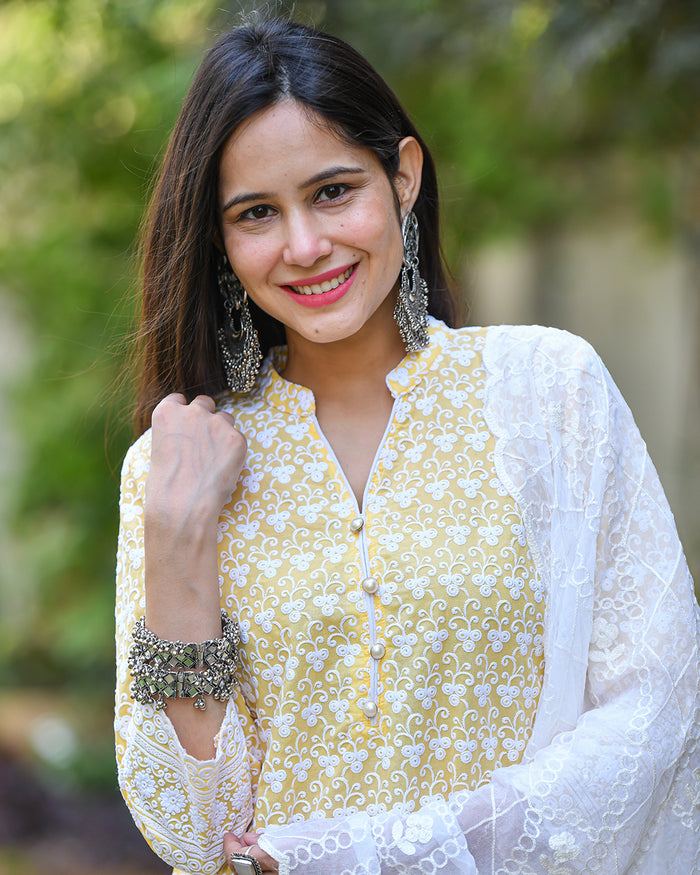 YELLOW CHIKANKARI COTTON SUIT SET