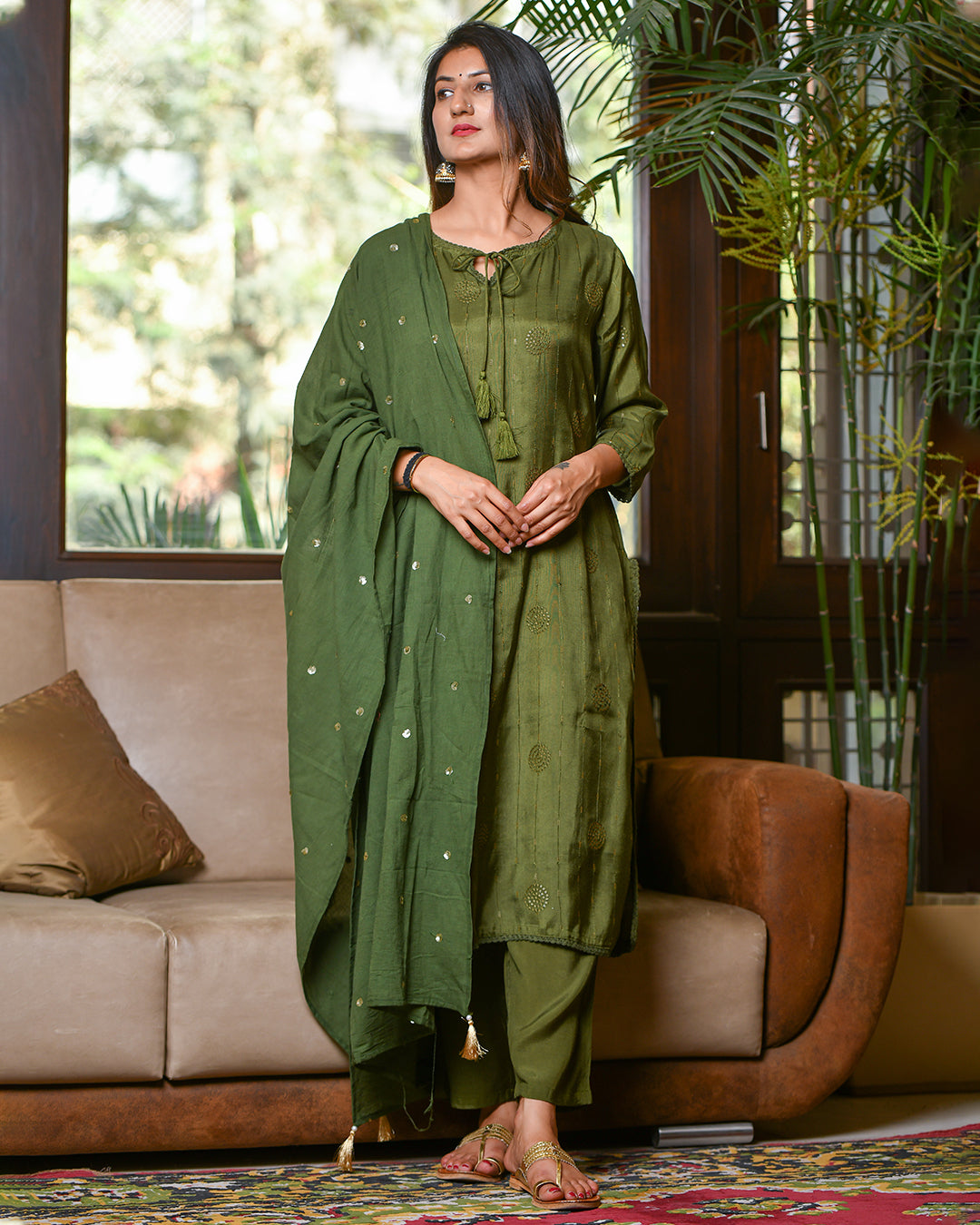 MEHENDI GREEN SHANTUNG SILK SUIT SET