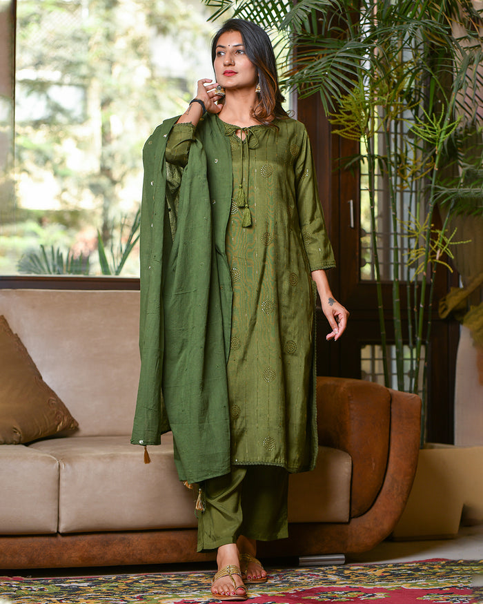 MEHENDI GREEN SHANTUNG SILK SUIT SET