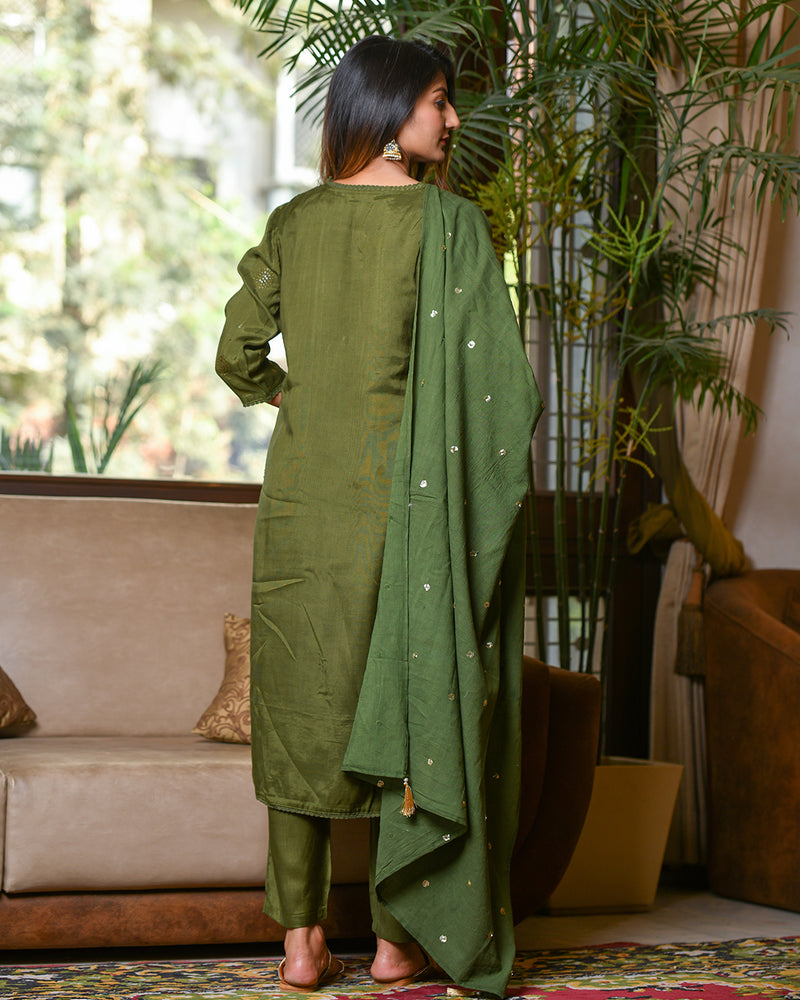 MEHENDI GREEN SHANTUNG SILK SUIT SET