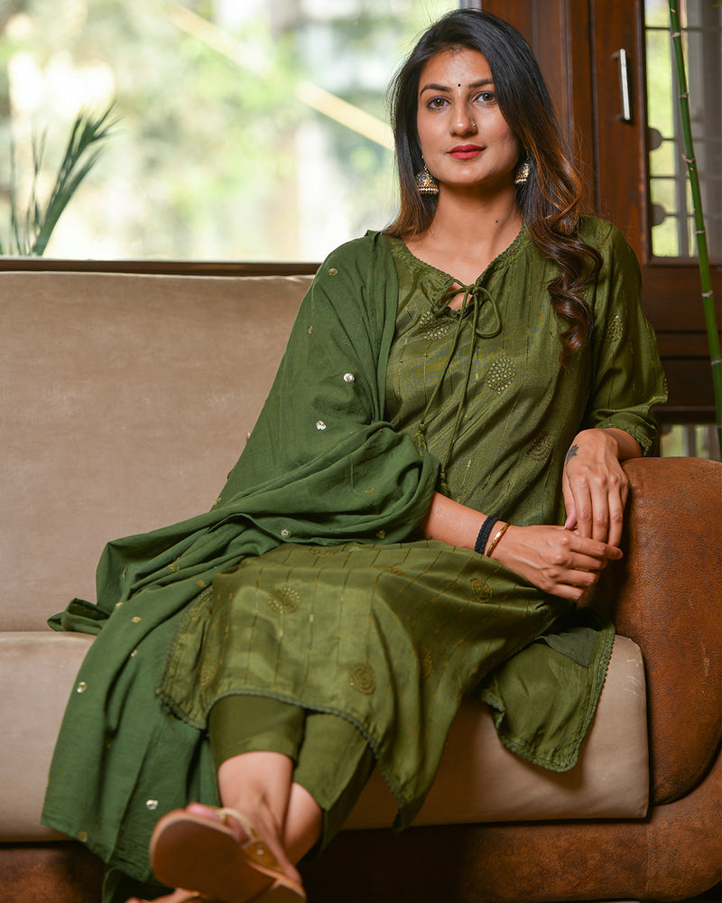 MEHENDI GREEN SHANTUNG SILK SUIT SET