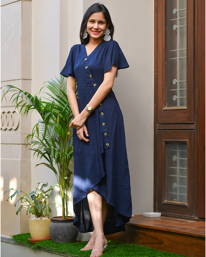 NAVY BLUE ASSYMETRIC RAYON DRESS