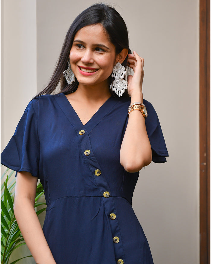 NAVY BLUE ASSYMETRIC RAYON DRESS