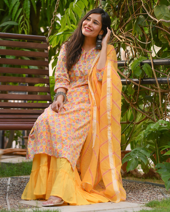 YELLOW COTTON HANDBLOCK SHARARA SET