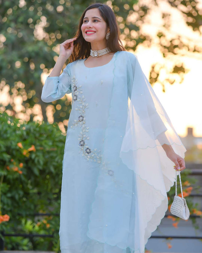 POWDER BLUE MUSLIN SUIT SET WITH HANDWORK