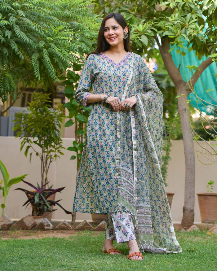 GREEN HANDBLOCK COTTON SUIT SET