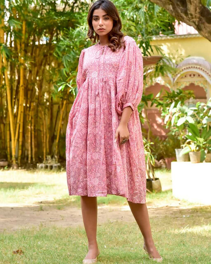 PINK PUFFED SLEEVES HANDBLOCK DRESS