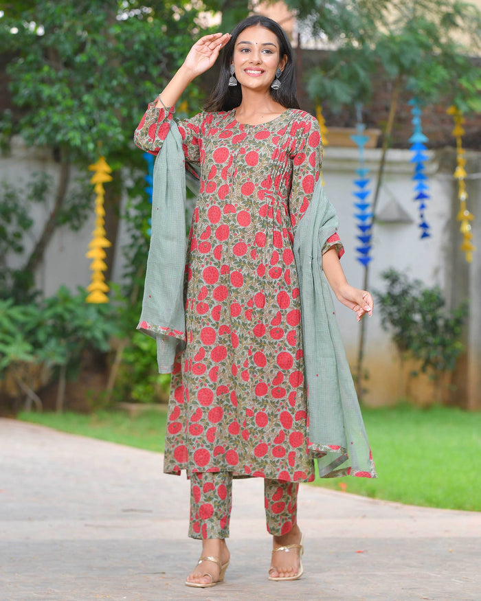 RED ROSE PRINTED HANDBLOCK COTTON SUIT SET