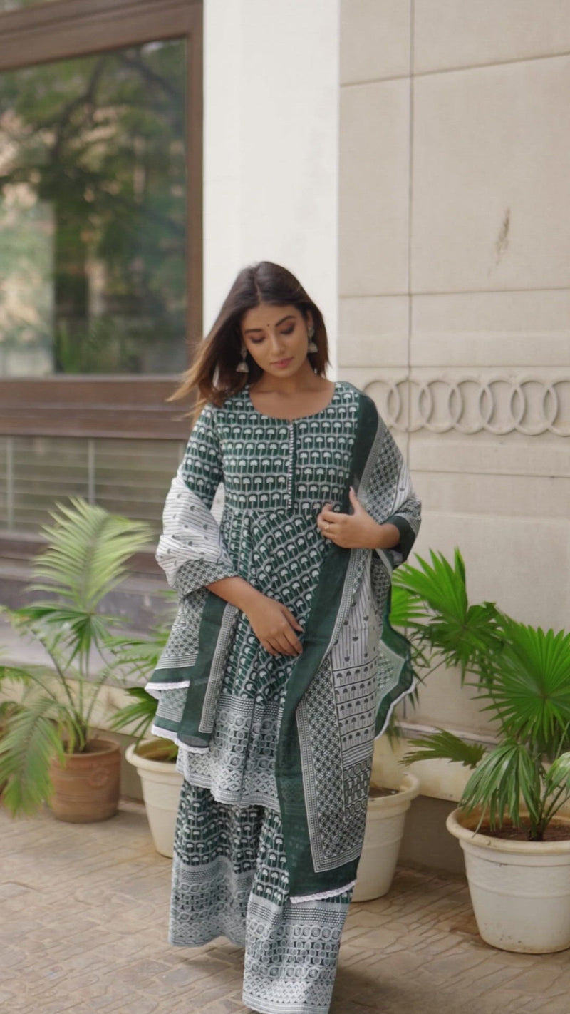 EMERALD GREEN & WHITE SHARARA SET