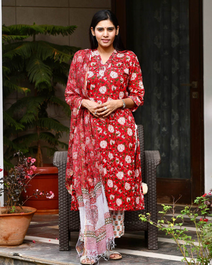 RED & WHITE HANDBLOCK COTTON SUIT SET