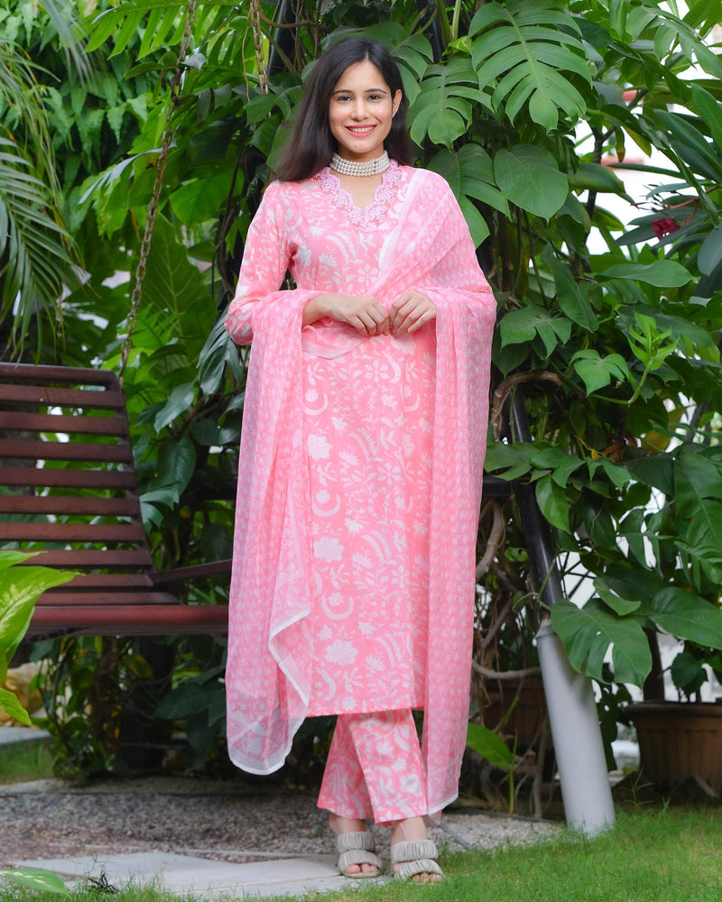 PINK BLUSHING COTTON HANDBLOCK SUIT SET