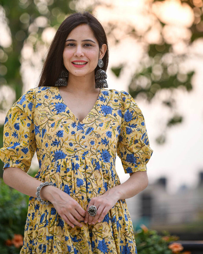 YELLOW FLORAL PRINT HANDBLOCK COTTON DRESS