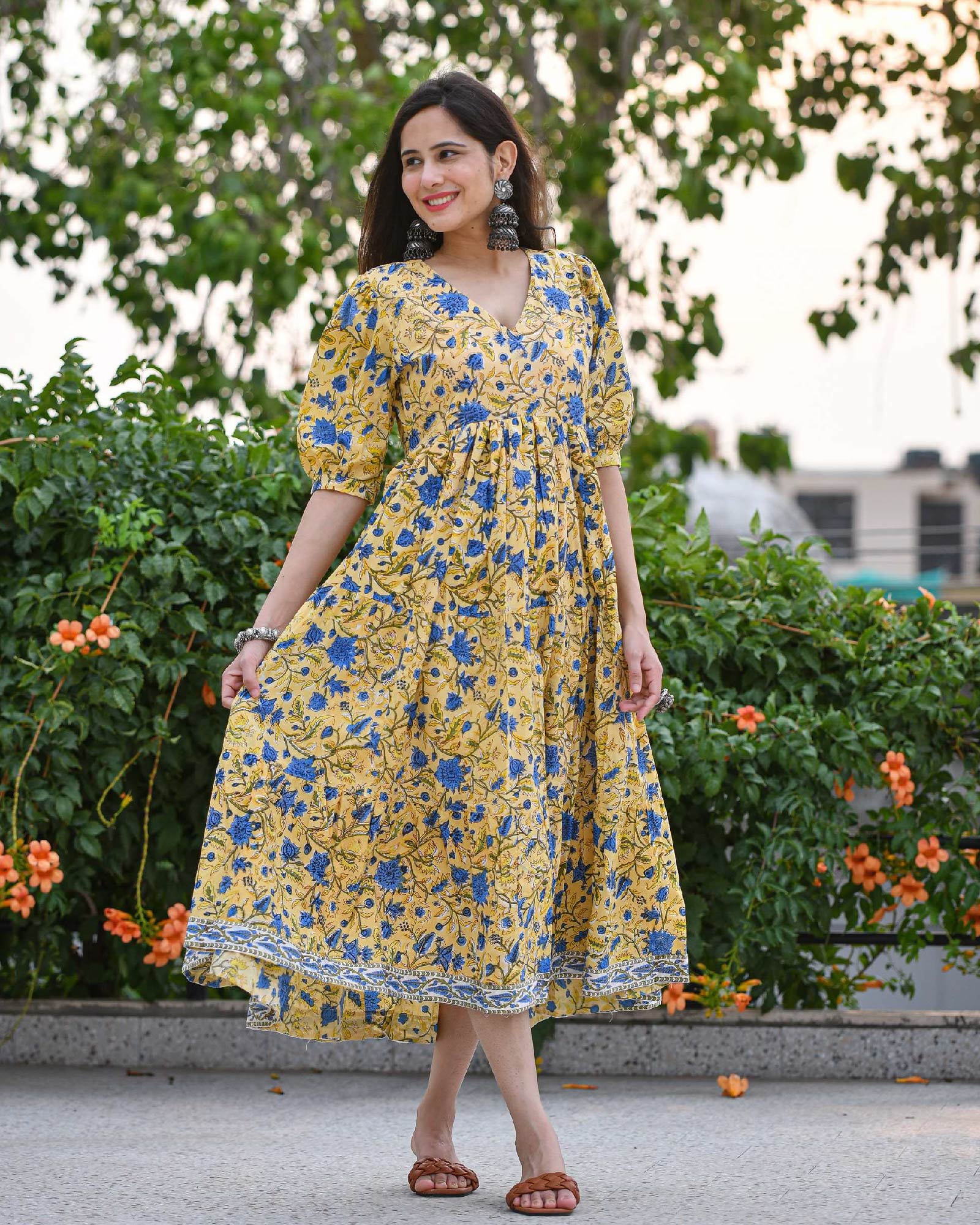 YELLOW FLORAL PRINT HANDBLOCK COTTON DRESS