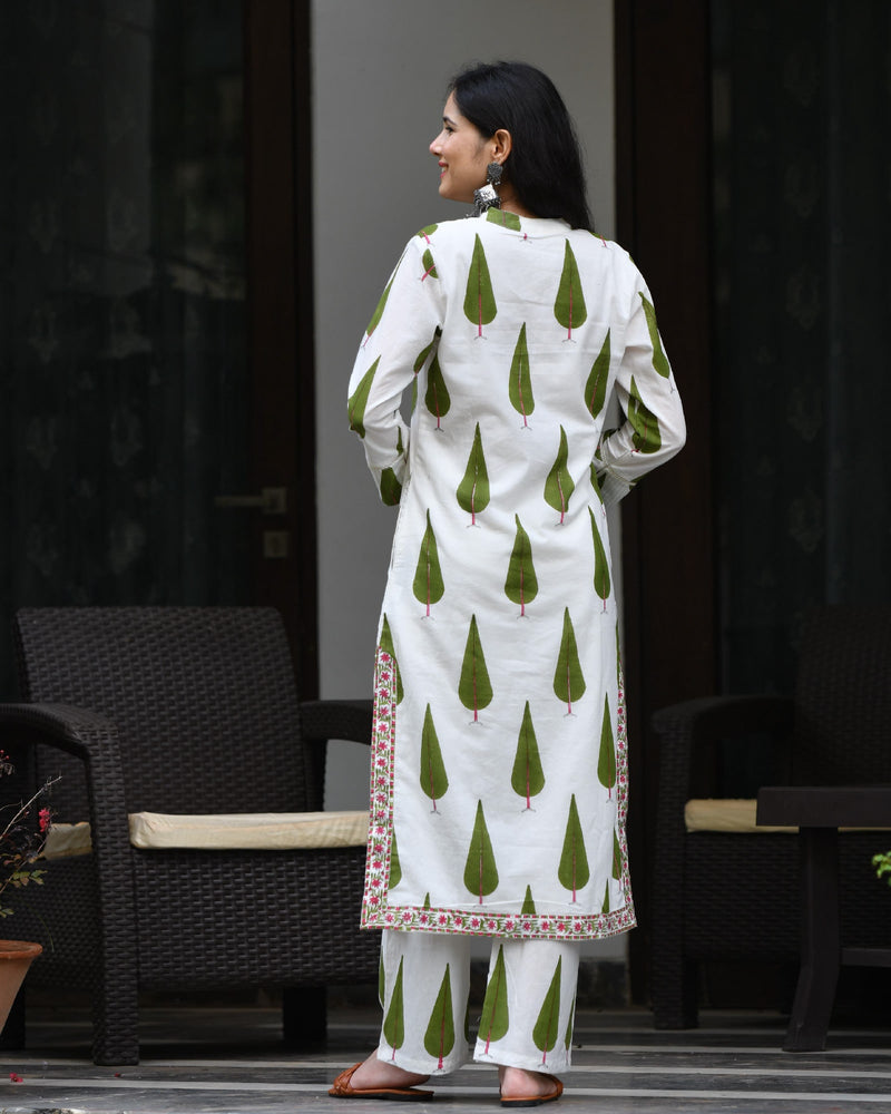 GREEN & WHITE HANDBLOCK KURTA SET WITH LINING