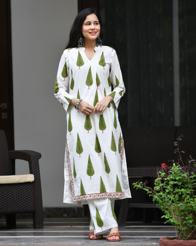 GREEN & WHITE HANDBLOCK KURTA SET WITH LINING