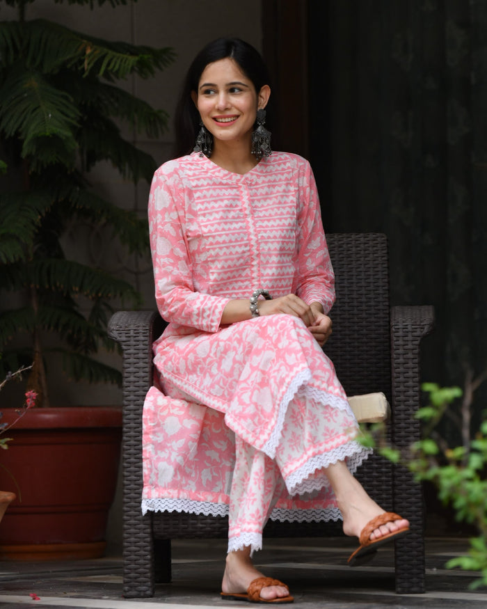 PEACH COTTON HANDBLOCK KURTA SET