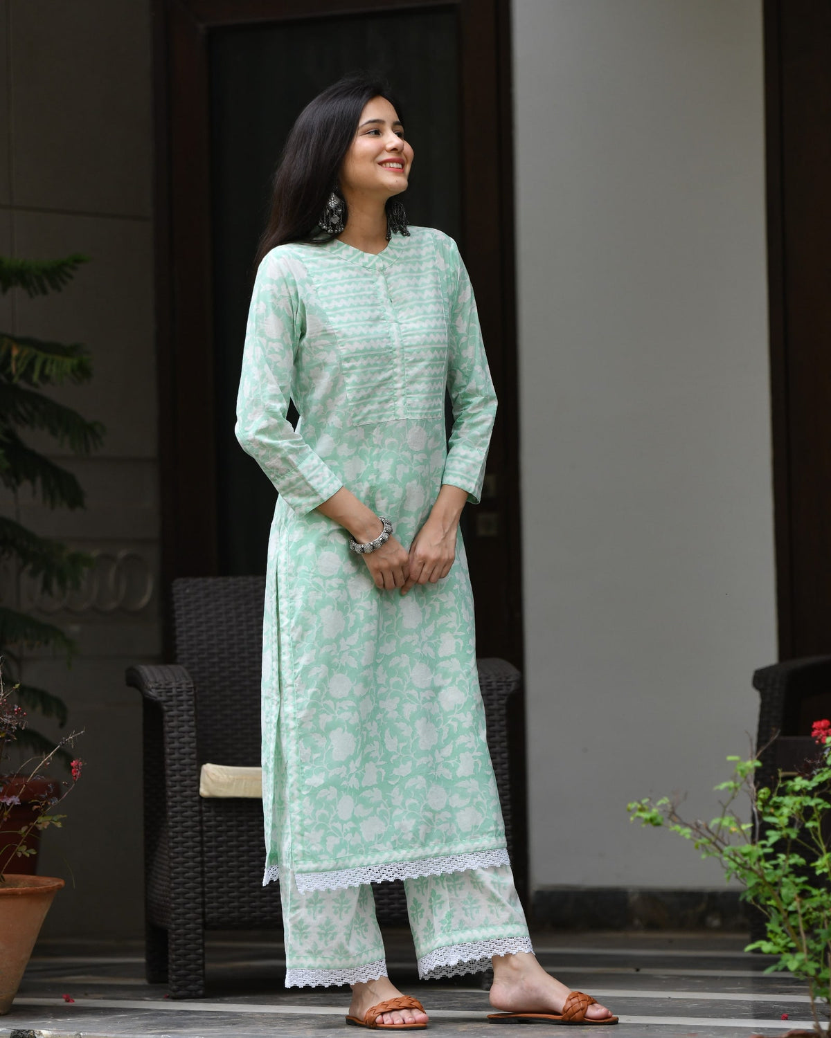 SEA GREEN COTTON HANDBLOCK KURTA SET