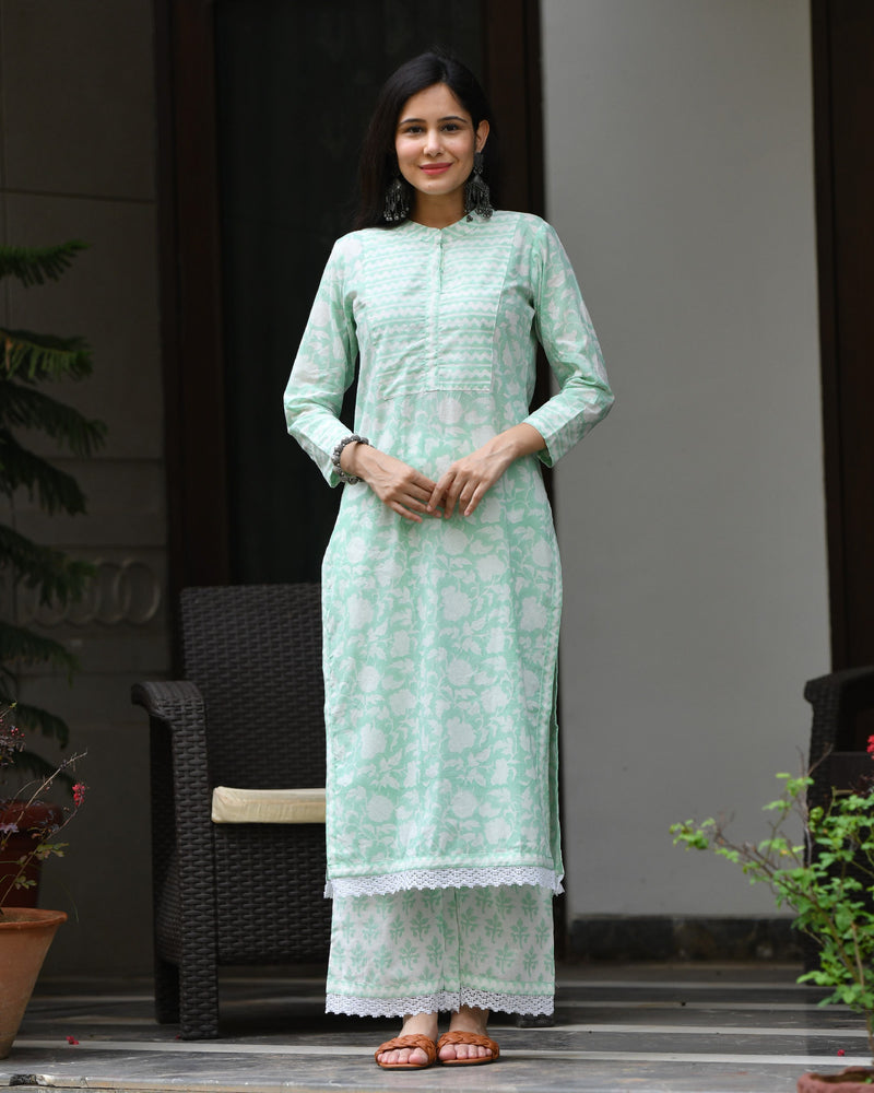 SEA GREEN COTTON HANDBLOCK KURTA SET