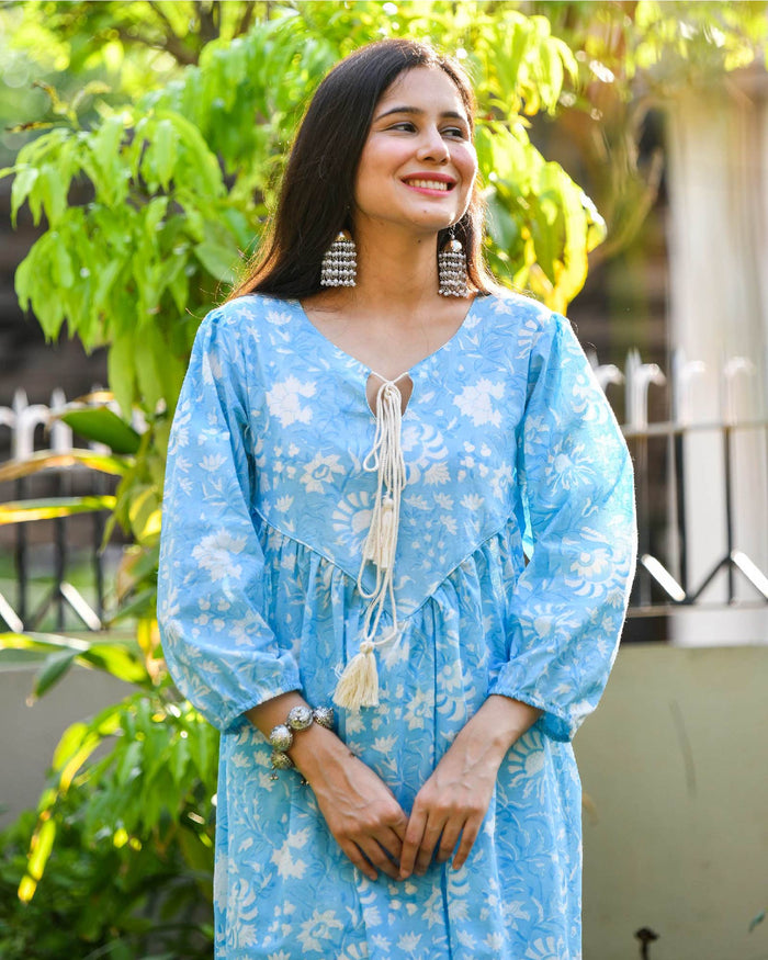 BLUE HANDBLOCK COTTON KURTA SET