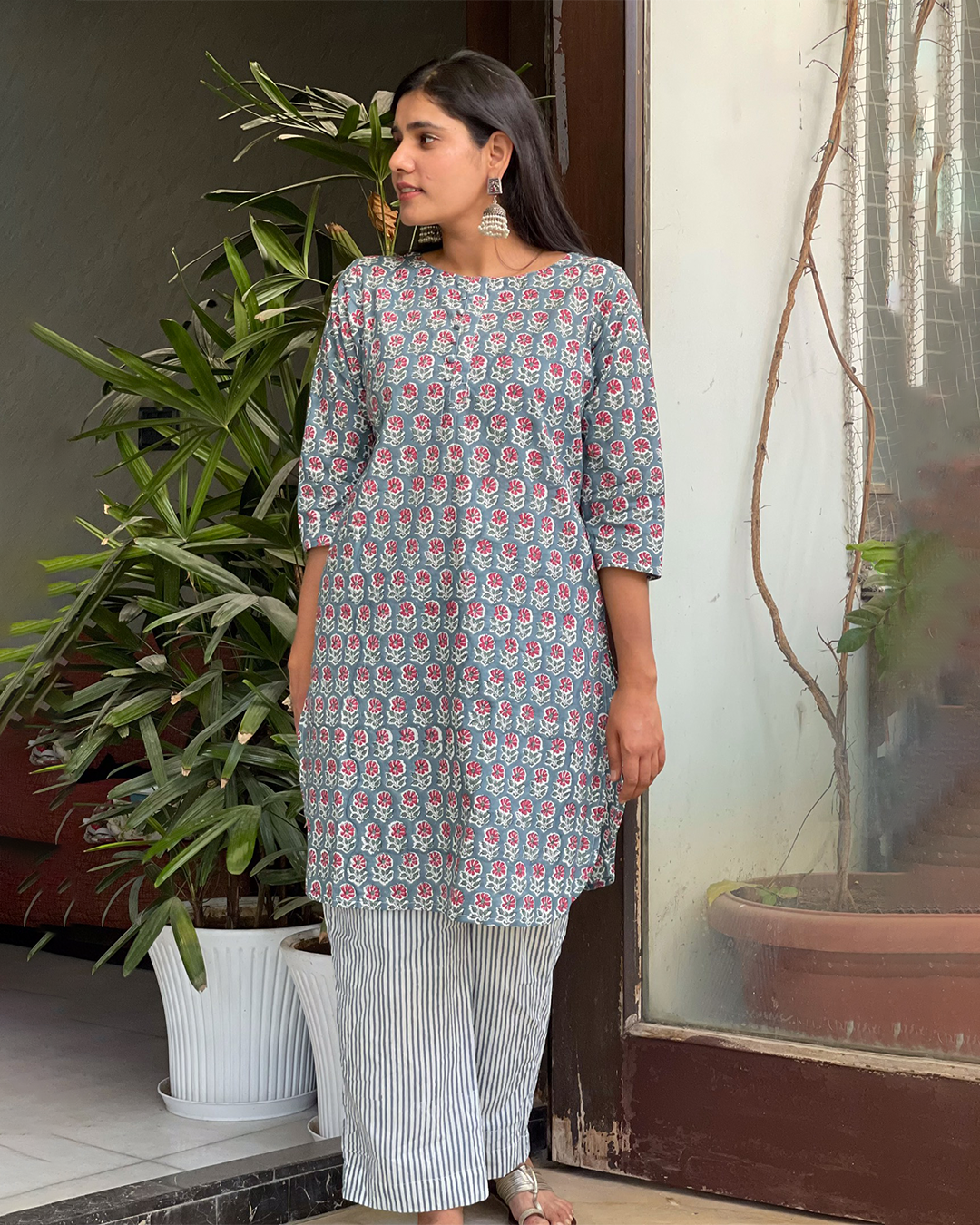 CLOUD GREY COTTON HANDBLOCK KURTA SET