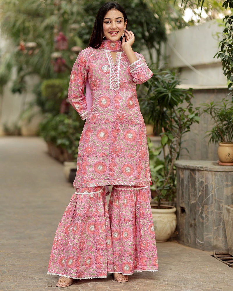 PINK MUSLIN HANDBLOCK SHARARA SET