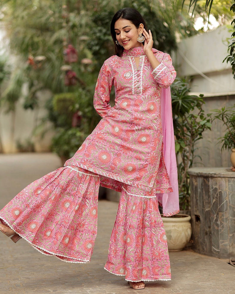 PINK MUSLIN HANDBLOCK SHARARA SET