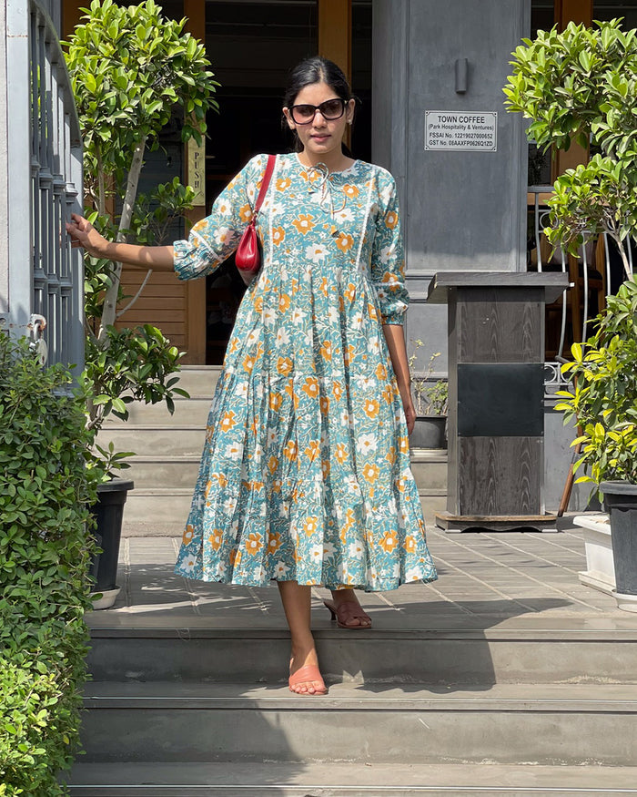 SAGE GREEN COTTON HANDBLOCK DRESS