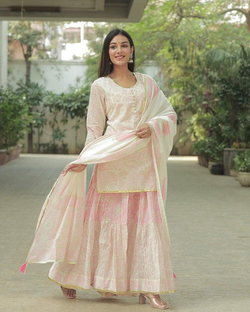 BABY PINK HANDBLOCK SHARARA SET