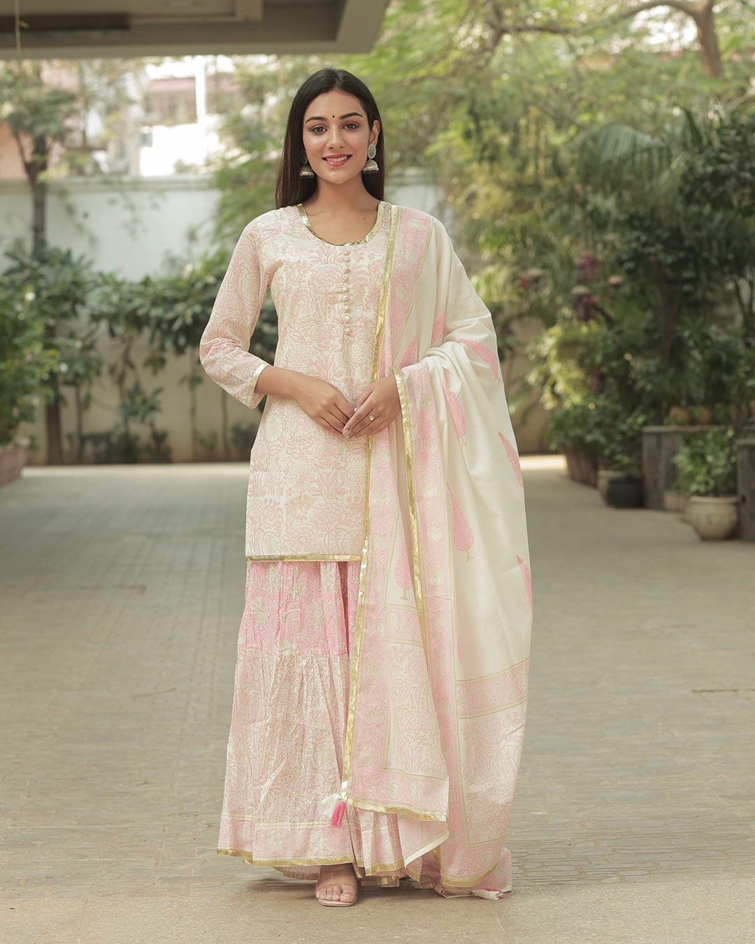 BABY PINK HANDBLOCK SHARARA SET